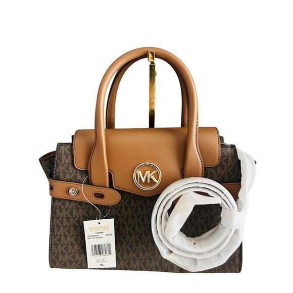 NWT Michael Kors Carmen Medium Flap Satchel Brown Handbag MK Crossbody Bag Purse - Picture 7 of 16